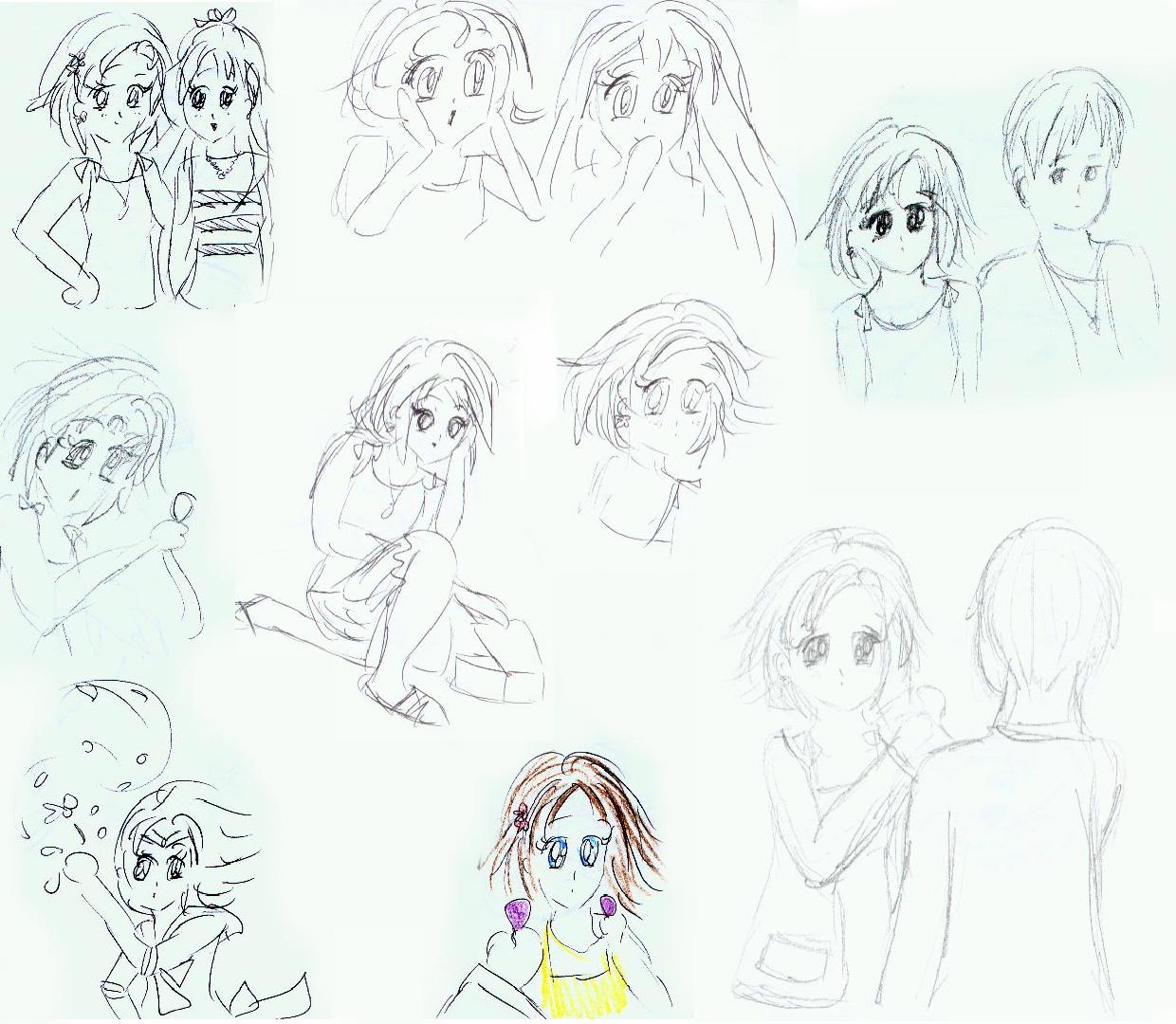 Some story/scene idea sketches.  There is one Myrkr Power Make-UP picture and one Thousand Flower Spiral attack pic but most are just Chikako as Chikako, plus the Prince and another Senshi.